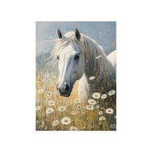 White Horse Flowers Unframed Canvas Wall Art  16" X 20"
